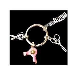 NWT Gorgeous Pink Silver Metal Hairdresser Hairdryer Scissors Keyring Key holder